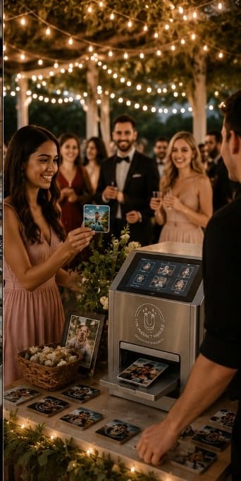 Live photo magnet printing booth set up at a festive outdoor wedding stall