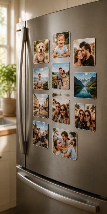 Premium photo magnets on a modern stainless steel refrigerator